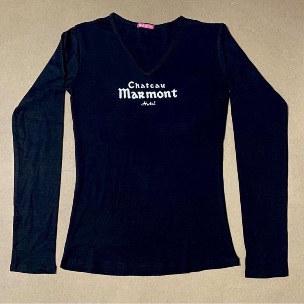 Super cute and flattering long sleeve black baby tee with Chateau Marmont Hotel